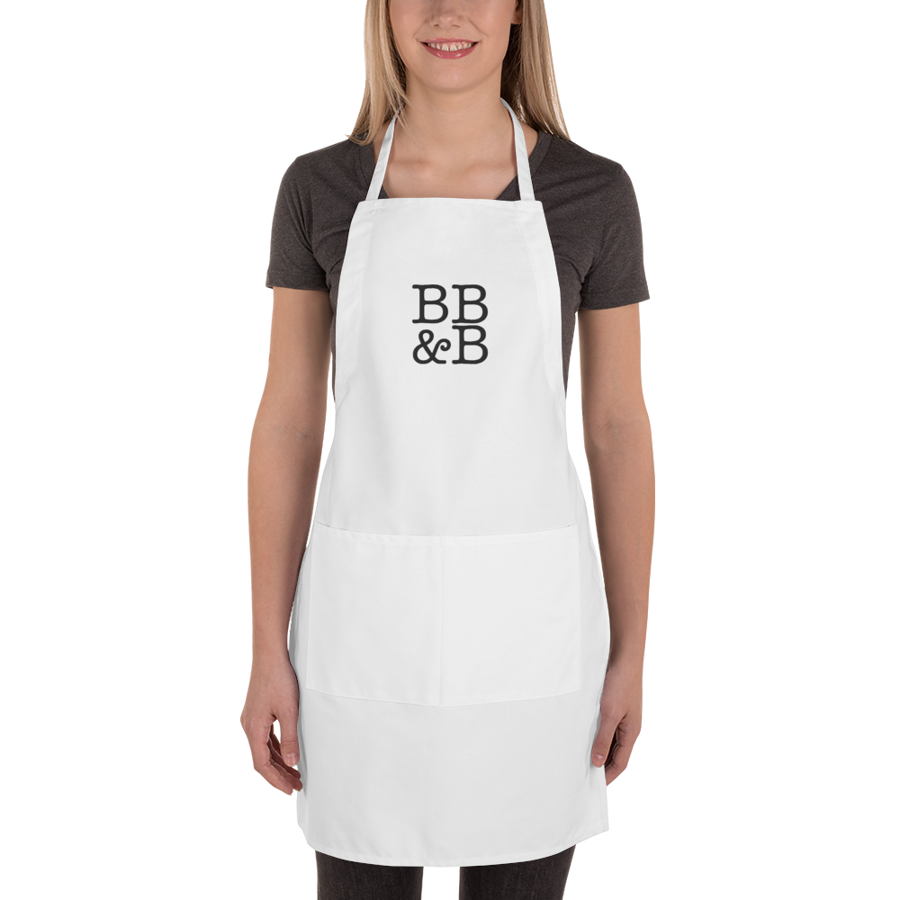 BB&B White Embroidered Apron — Books Bourbon & Bacon